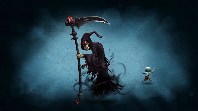 Grim Reaper in a purple cloak holding a large scythe against a foggy dark blue background with a small creature.