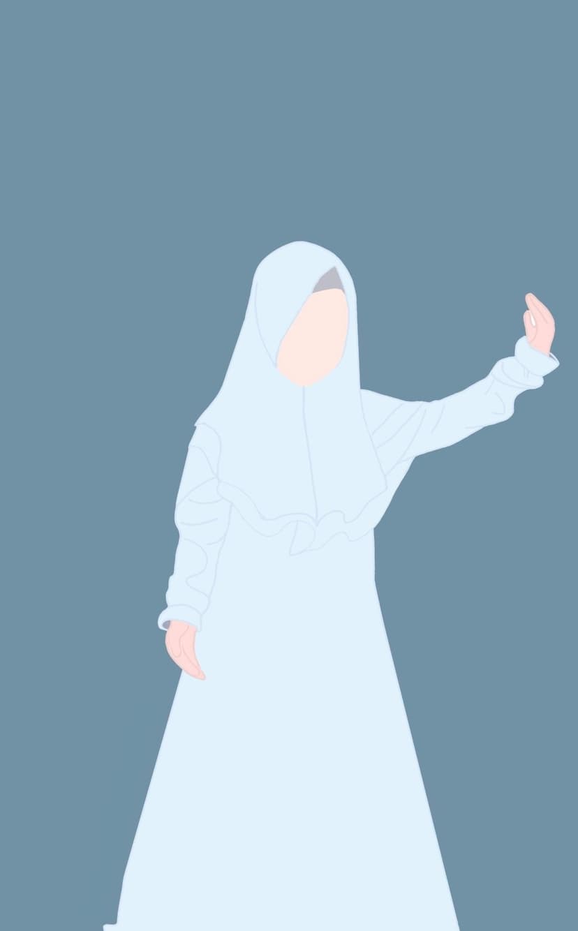 Woman in a light blue hijab and dress raising her hand against a solid muted blue-grey background.