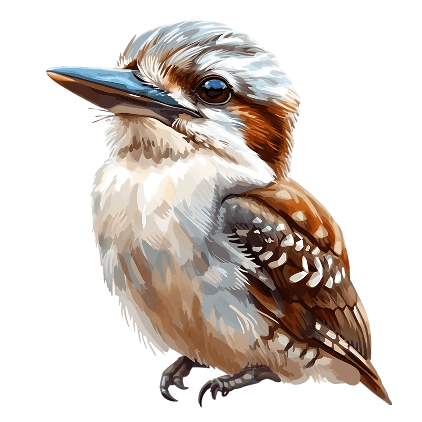 Kookaburra digital painting showcasing detailed white and brown feathers, a sharp blue beak, and dark eyes.