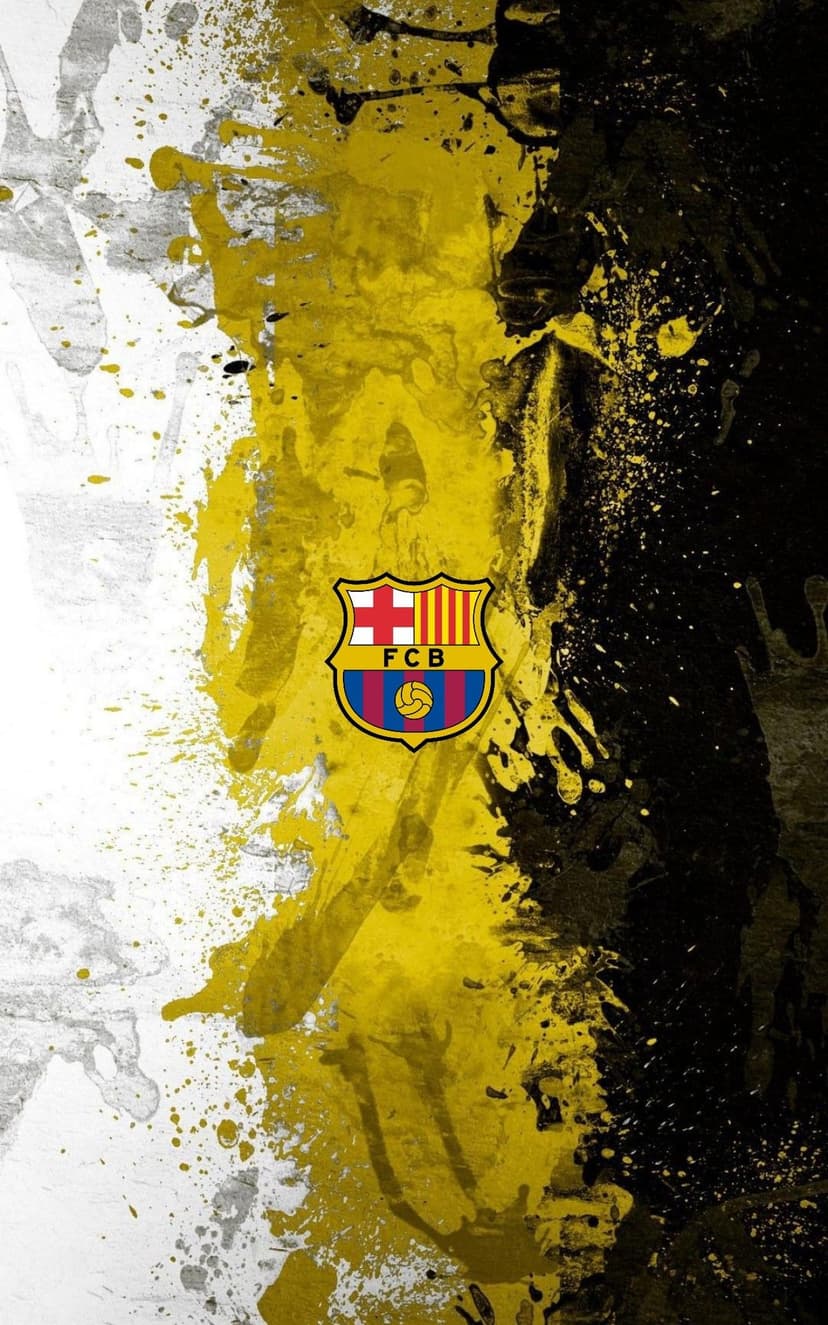 FC Barcelona football crest centered on a textured white background with black and yellow paint splatters.