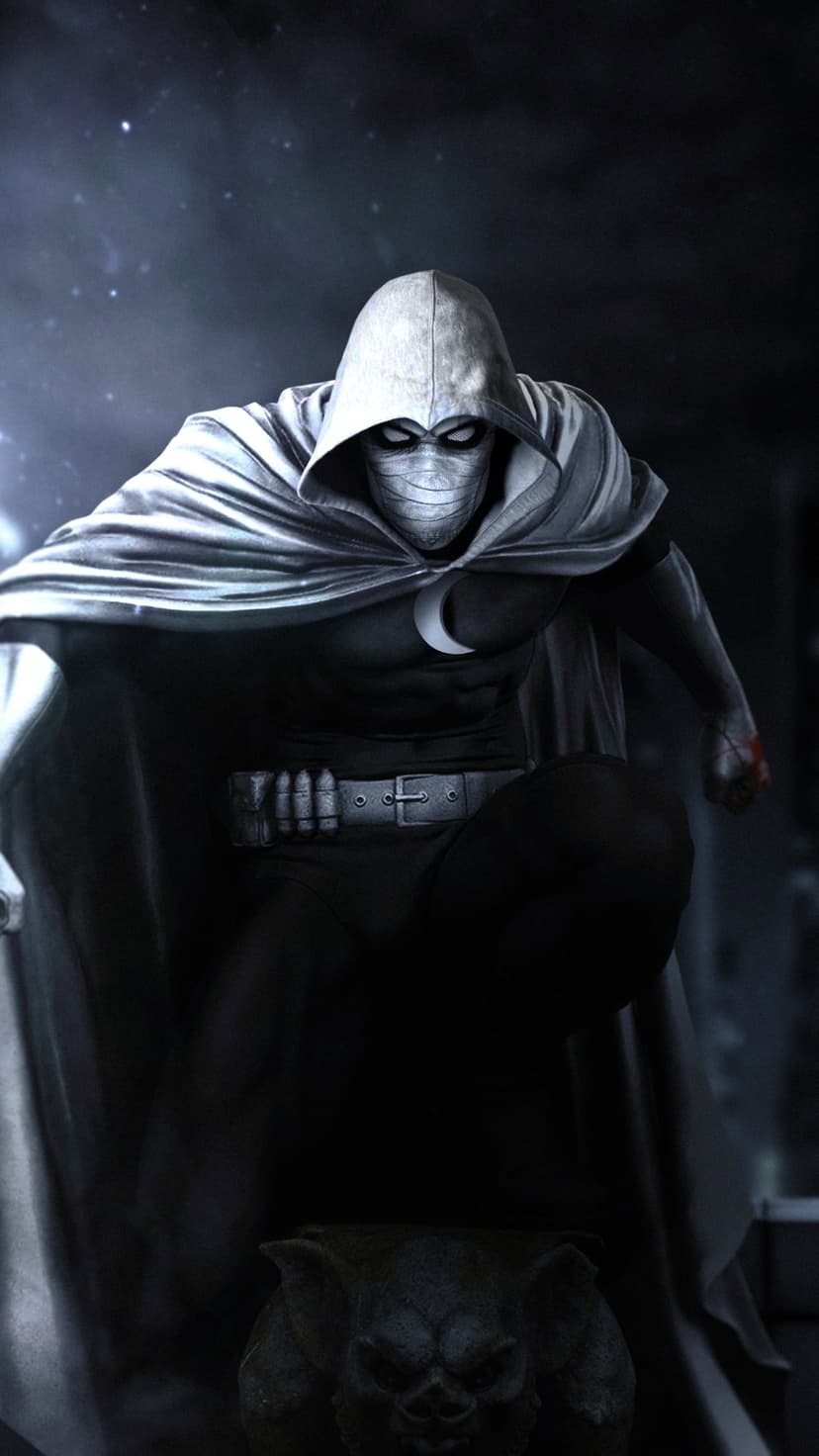 Moon Knight in white tactical armor perches on a stone gargoyle against a dark urban night cityscape background.