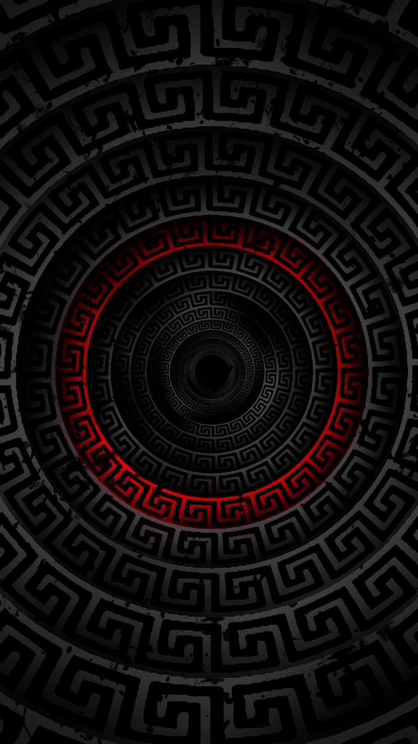 Concentric Greek key patterns forming a deep vortex with a vibrant red spiral leading into the dark center.