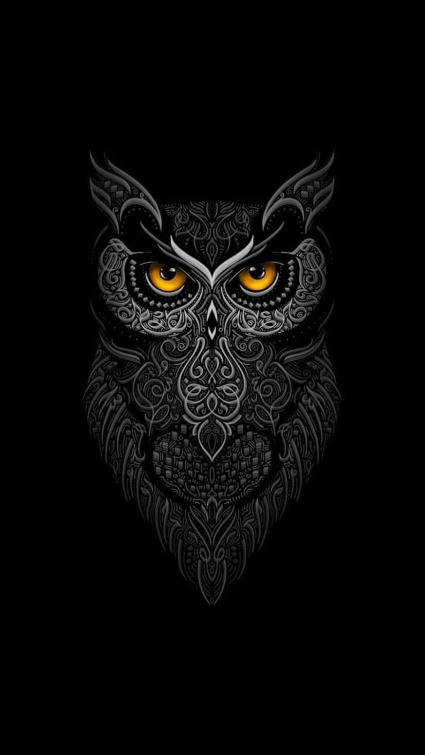 Owl face featuring intricate gray tribal engravings and bright yellow eyes staring forward on a black background.