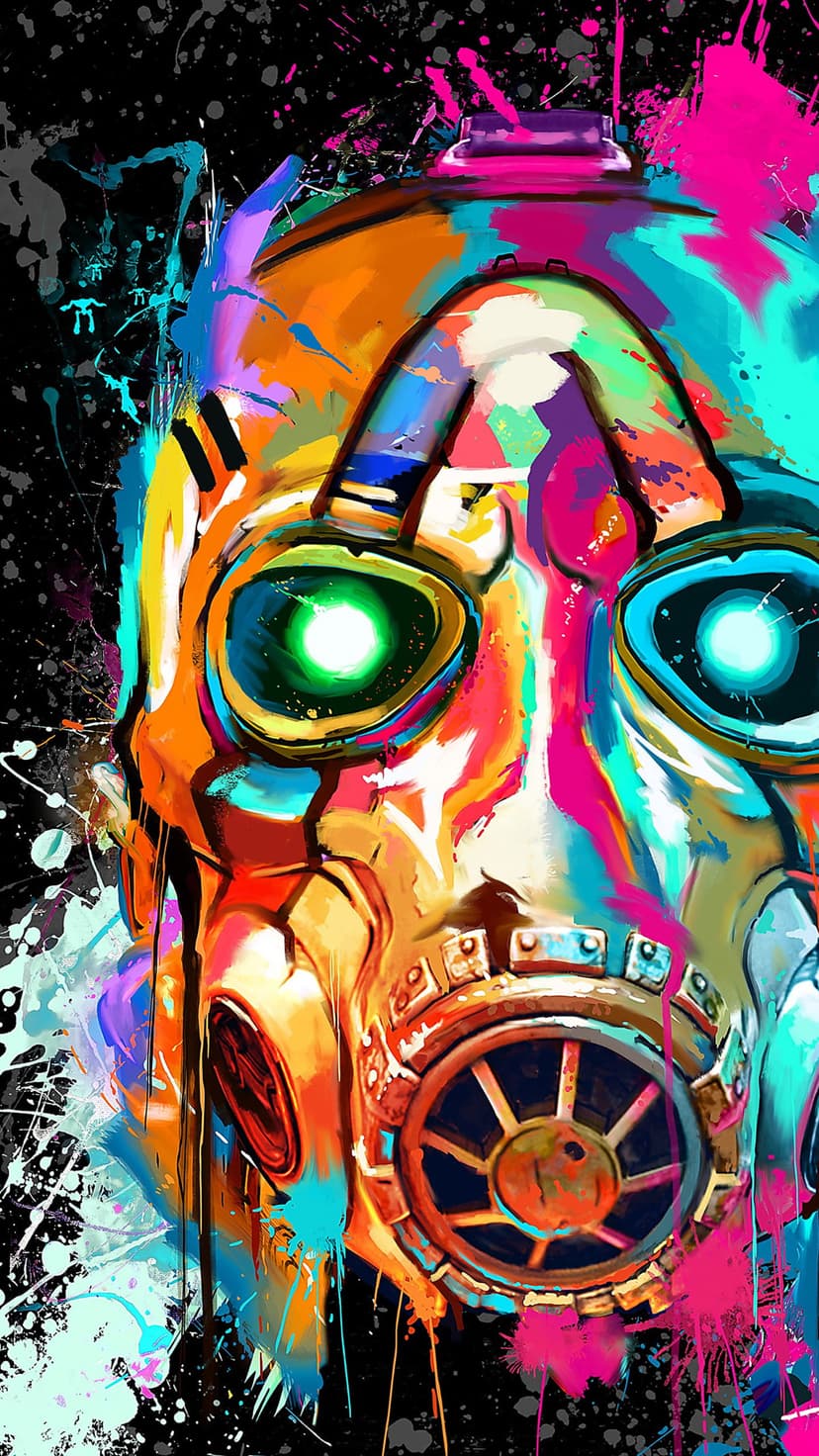 Borderlands Psycho mask explodes with neon paint splatters and chaotic ink drips over a dark textured surface.