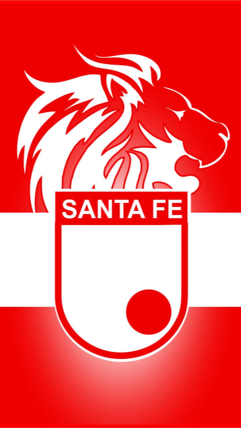 White lion emblem inside a red circular crest with Santa Fe text, centered on a solid red vertical background.