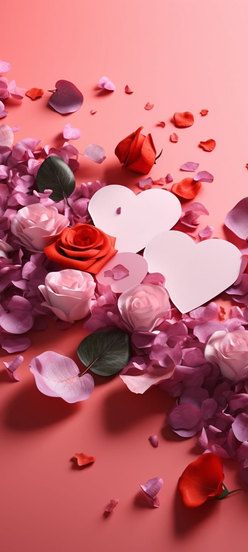 Pink roses and red petals scattered around two white paper hearts on a soft, textured floral background.