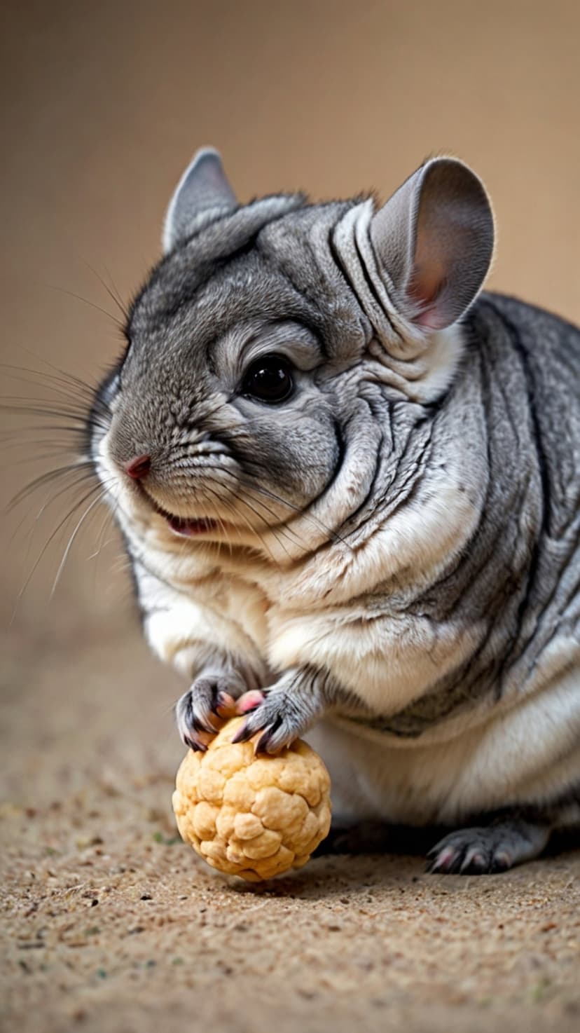Chinchilla with grey fur and dark eyes holds a textured nut with tiny paws against a blurred beige background.