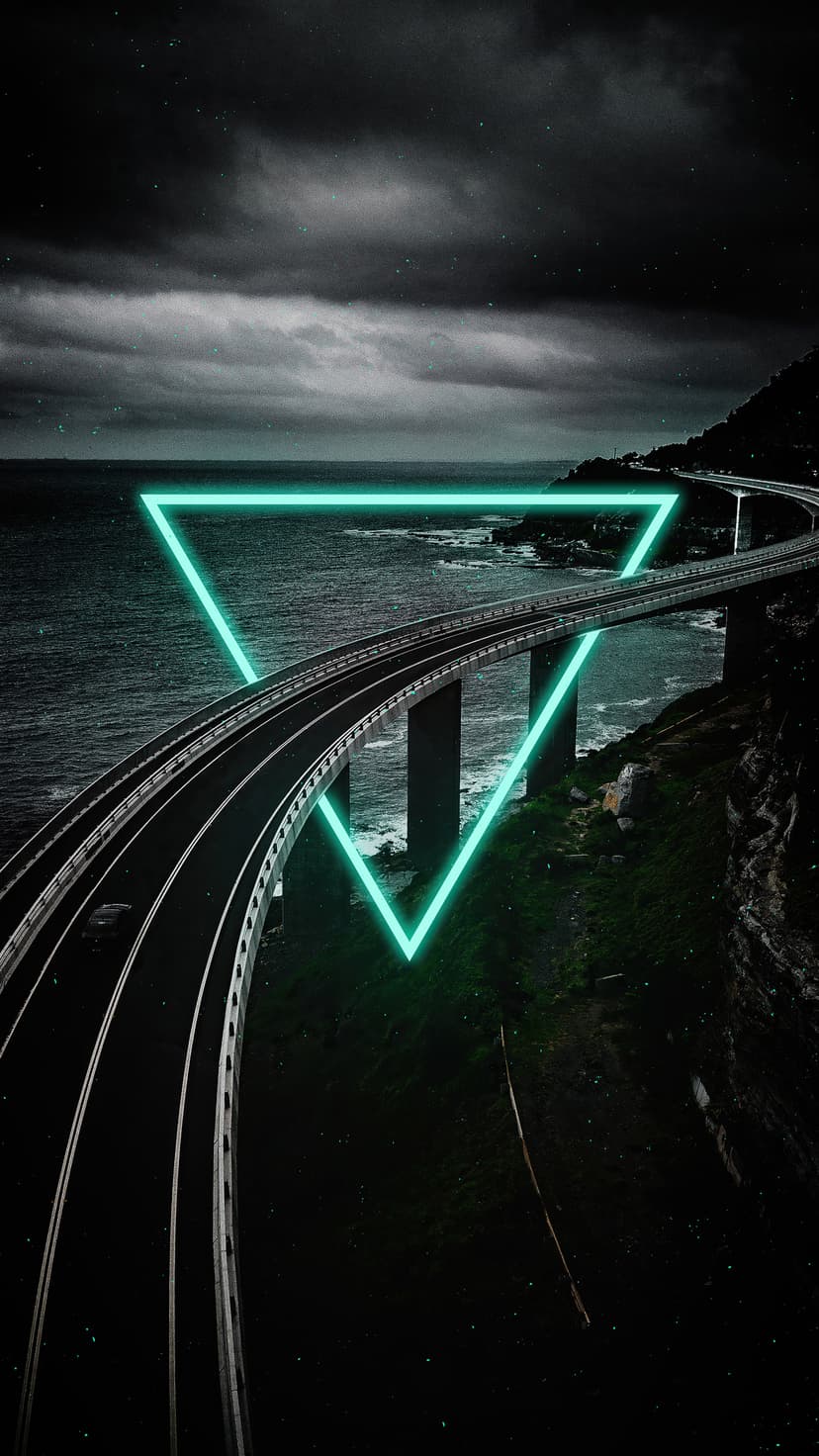 Glowing green neon triangle suspended over a dark coastal highway bridge with crashing ocean waves below.