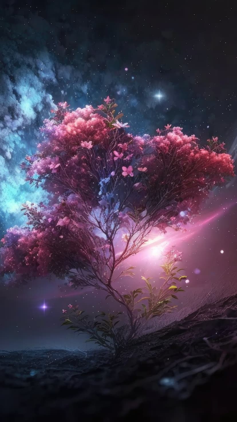 Cosmic tree with glowing pink blossoms stands before a swirling blue and magenta nebula in deep outer space.