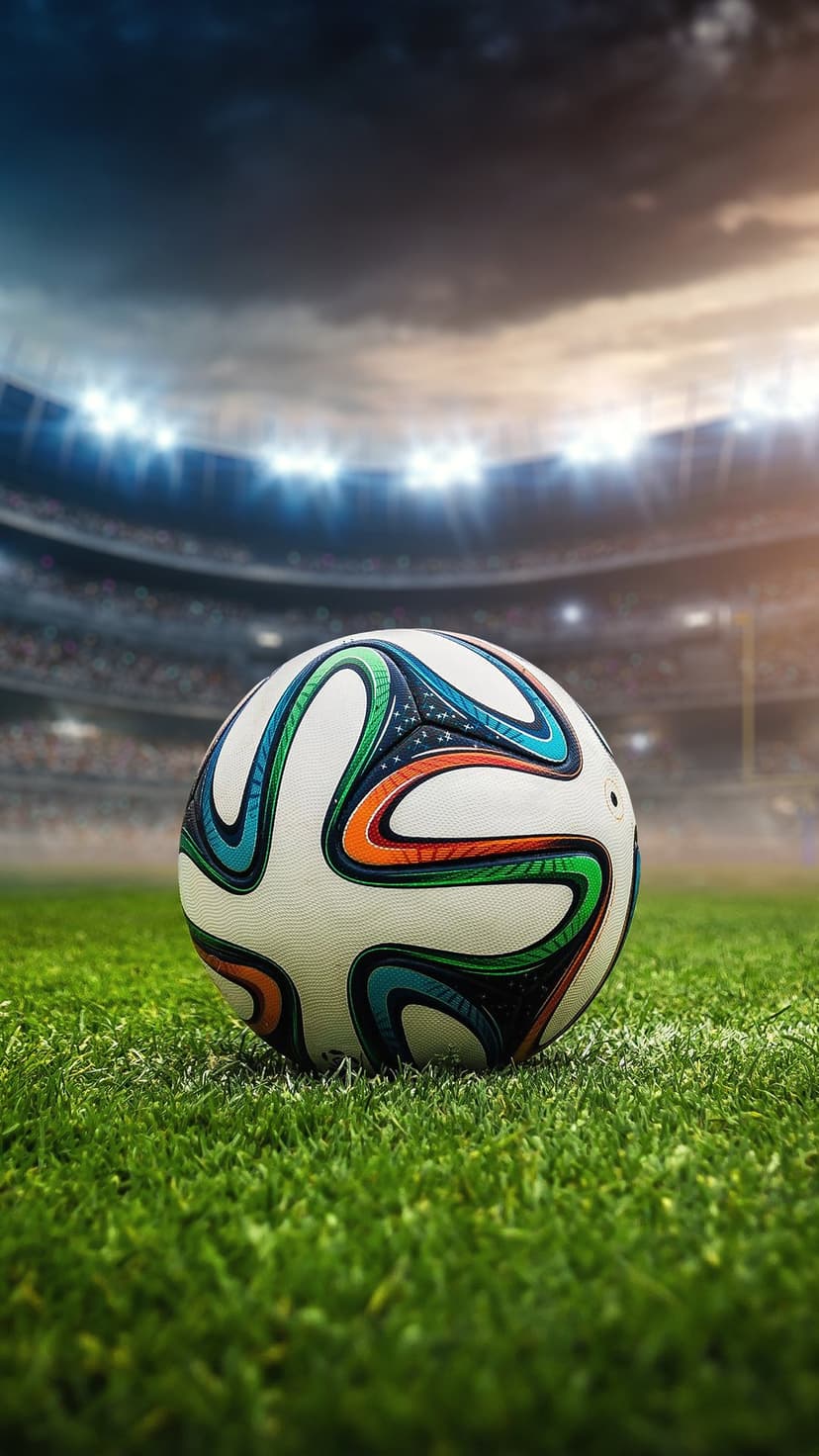Soccer ball resting on stadium grass with blurred floodlights and a dramatic cloudy sky in the background.