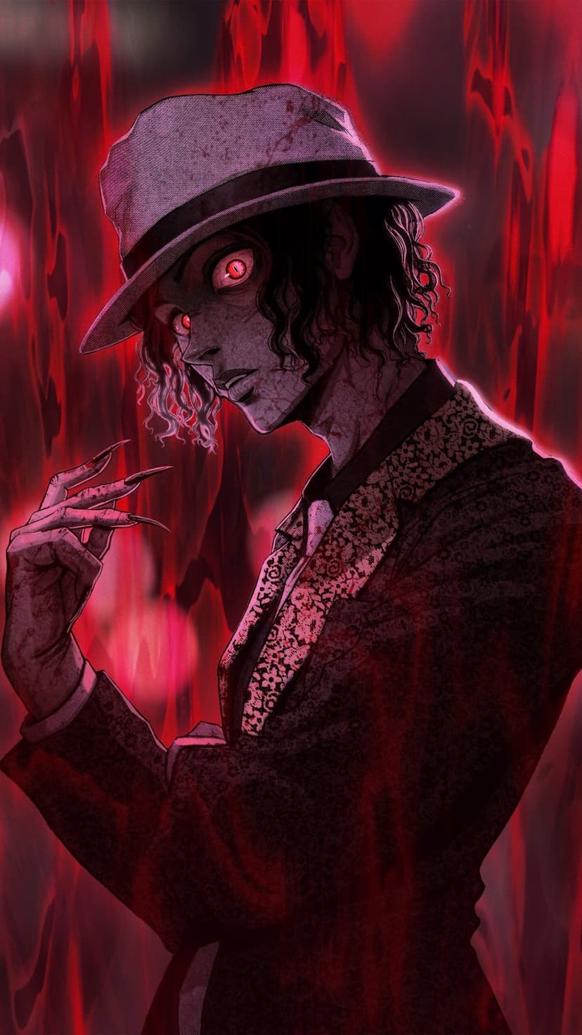 Muzan Kibutsuji wears a fedora and patterned suit with long nails against a swirling red and black background.