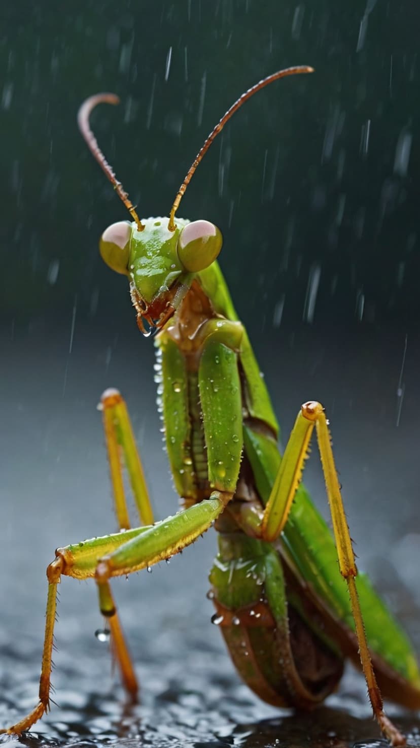 Green praying mantis covered in translucent water droplets with sharp focus on its compound eyes and spiky legs.
