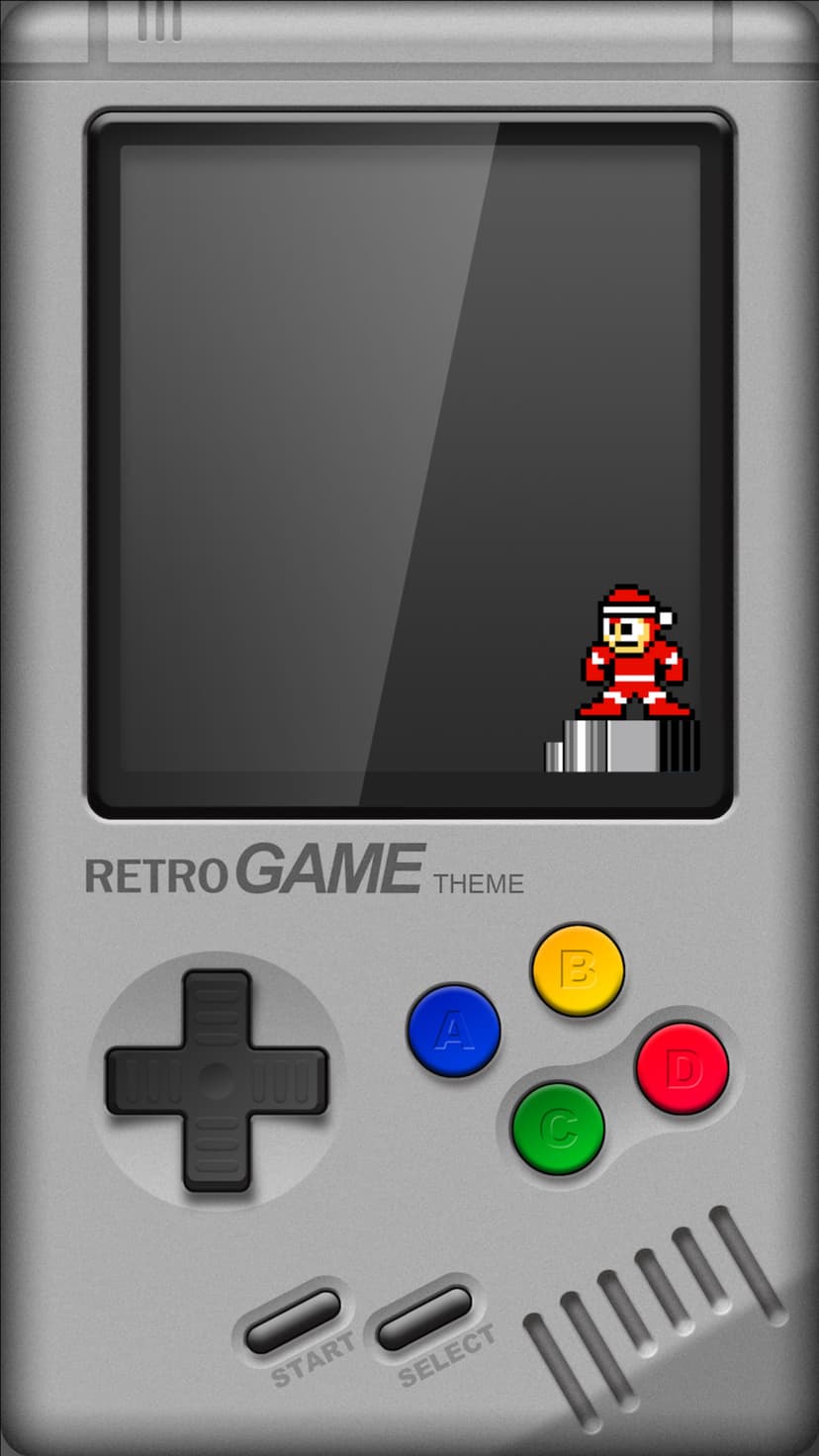 Grayscale handheld console with a colorful D-pad and action buttons features a tiny pixelated character on screen.