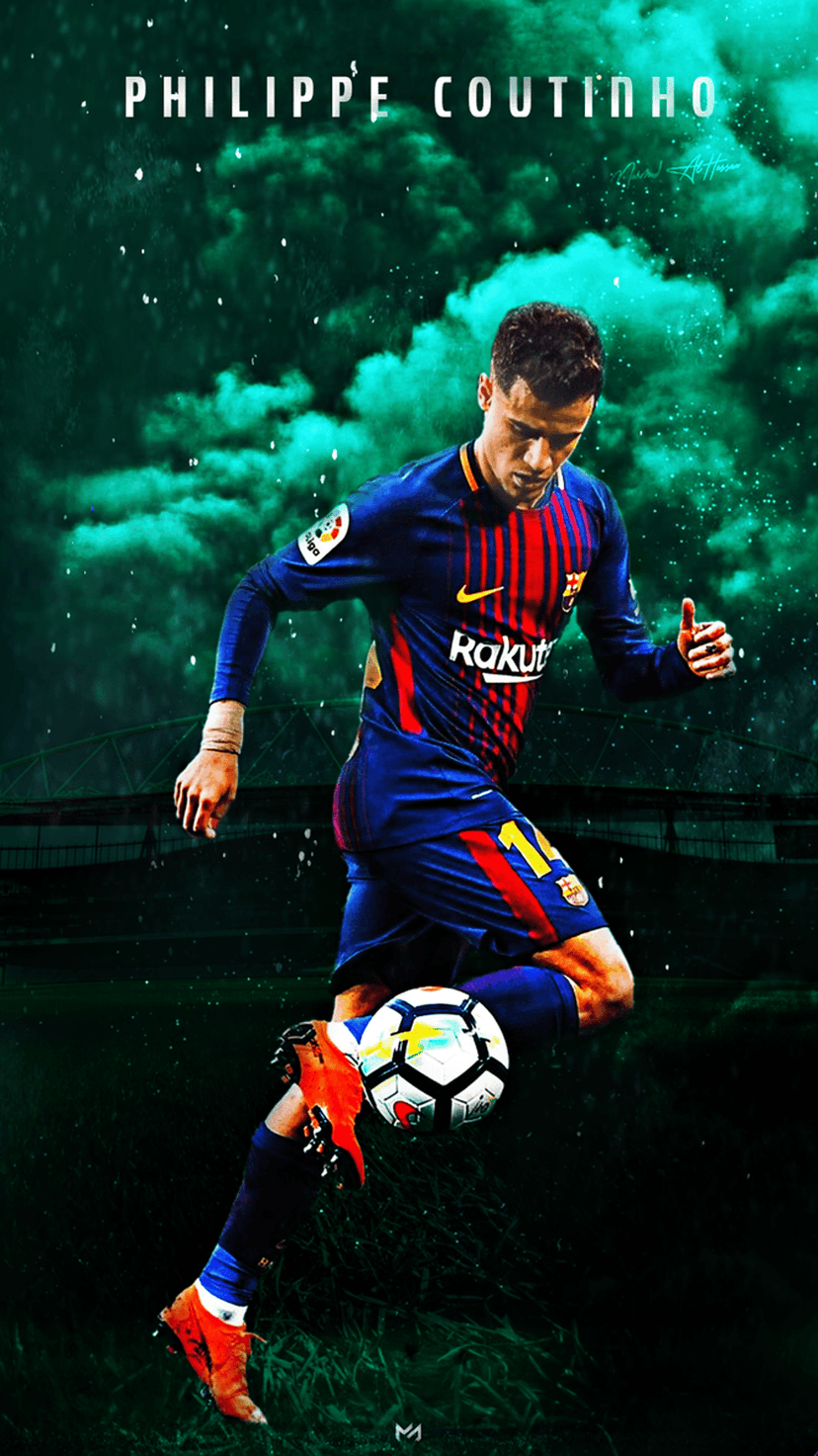 Philippe Coutinho in a Barcelona jersey dribbles a football against a dark green cloudy stadium background.