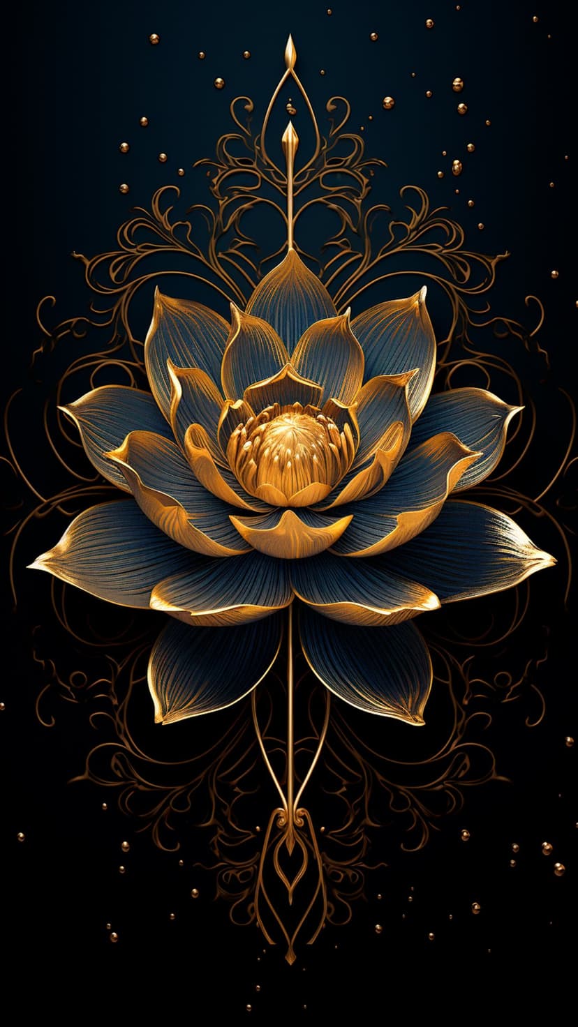 Golden lotus flower with navy blue petals and filigree accents against a dark background with dewdrops.
