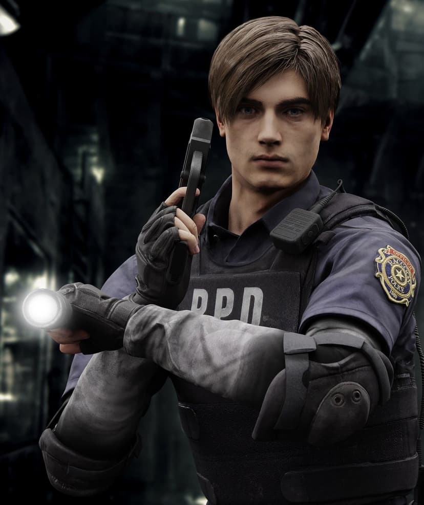 Leon Kennedy in RPD uniform holding a lit flashlight and handgun against a dark, industrial urban background.