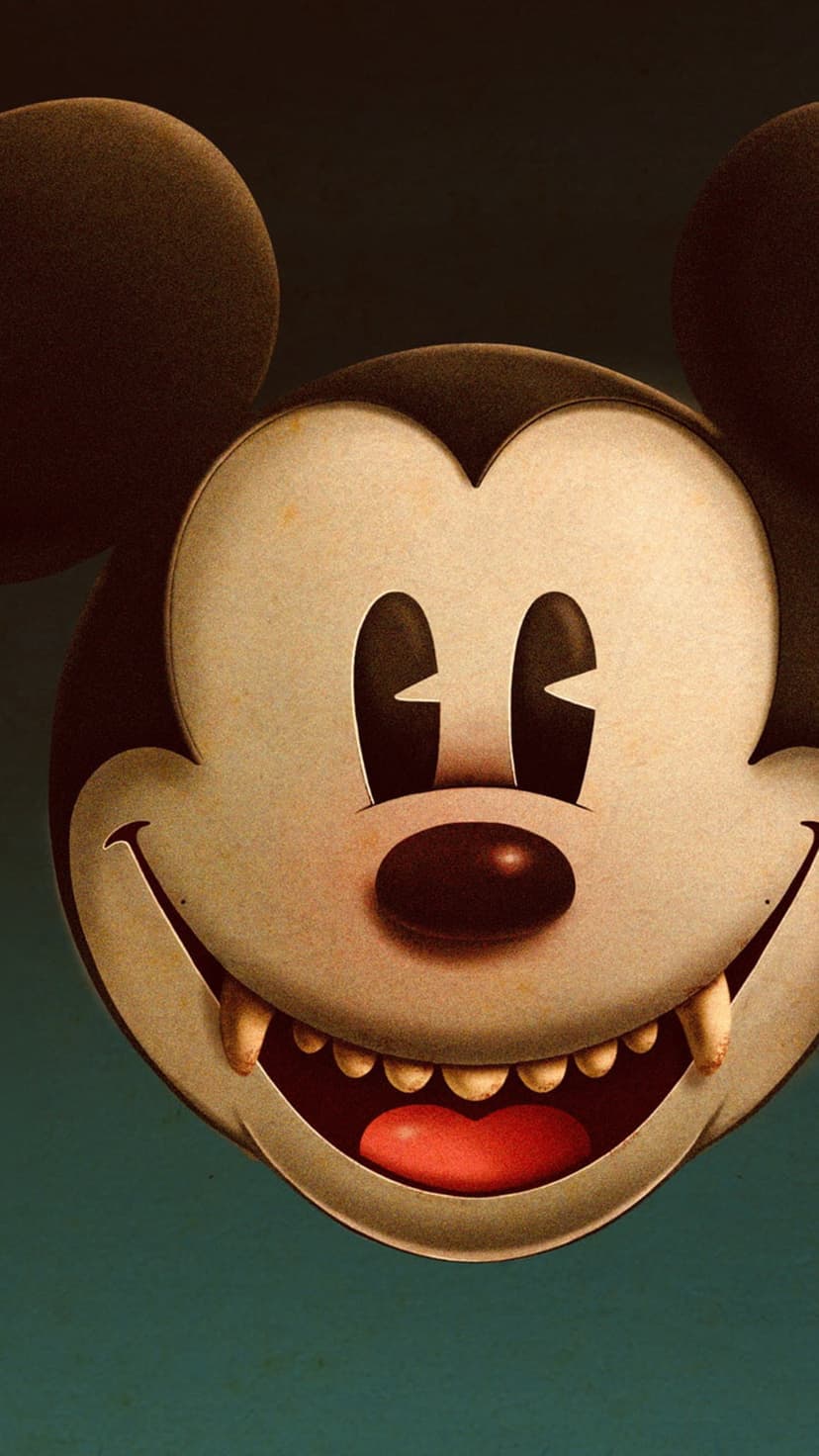 Mickey Mouse with a sinister grin, yellow eyes, and sharp fangs against a grainy, dark teal textured background.