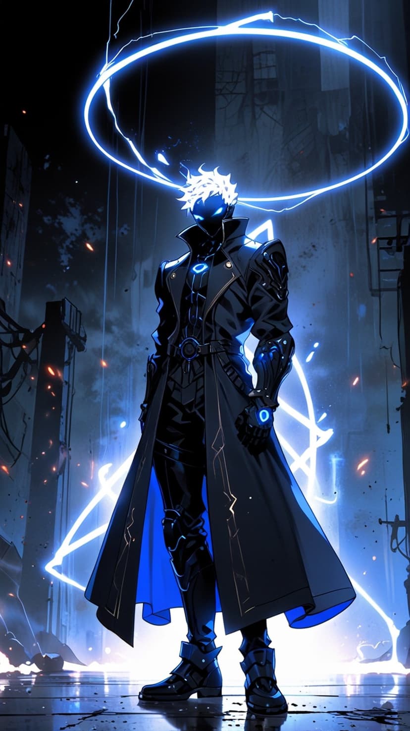 White-haired cyborg in a black techwear coat stands amidst blue electric lightning and neon city lights.