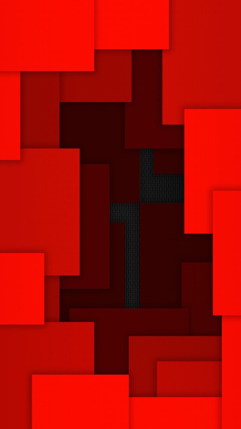 Overlapping red geometric blocks and sharp polygons surround a dark textured central void with subtle shadows.