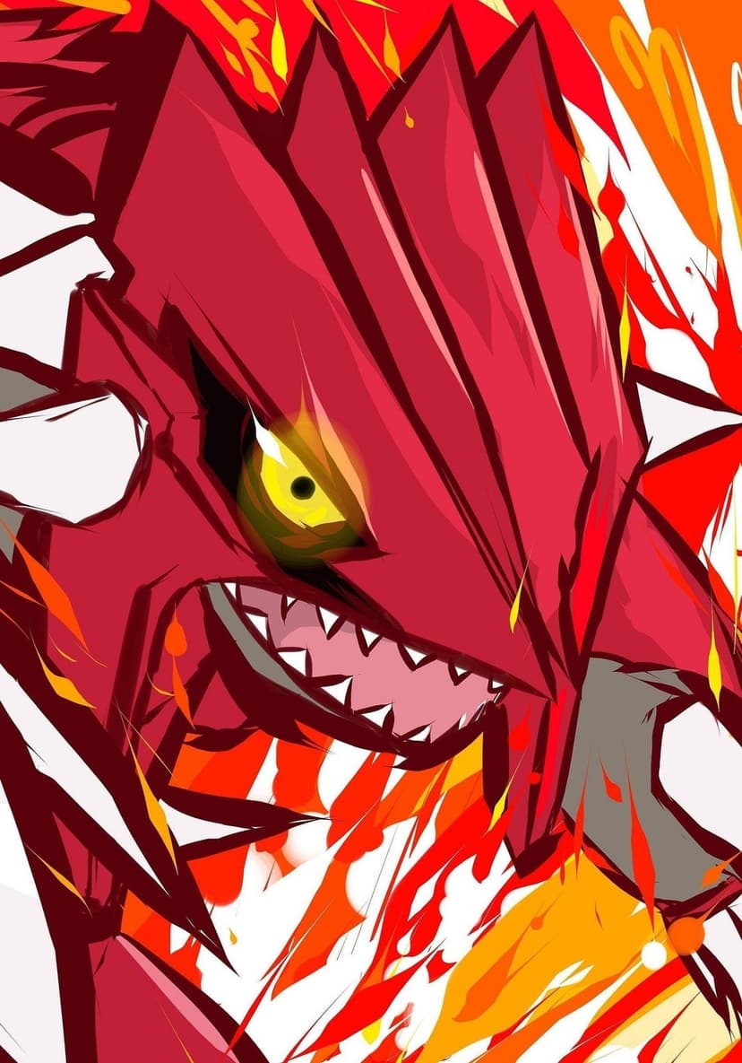 Close-up of Groudon with glowing yellow eyes and sharp teeth amidst stylized red and orange fire bursts.