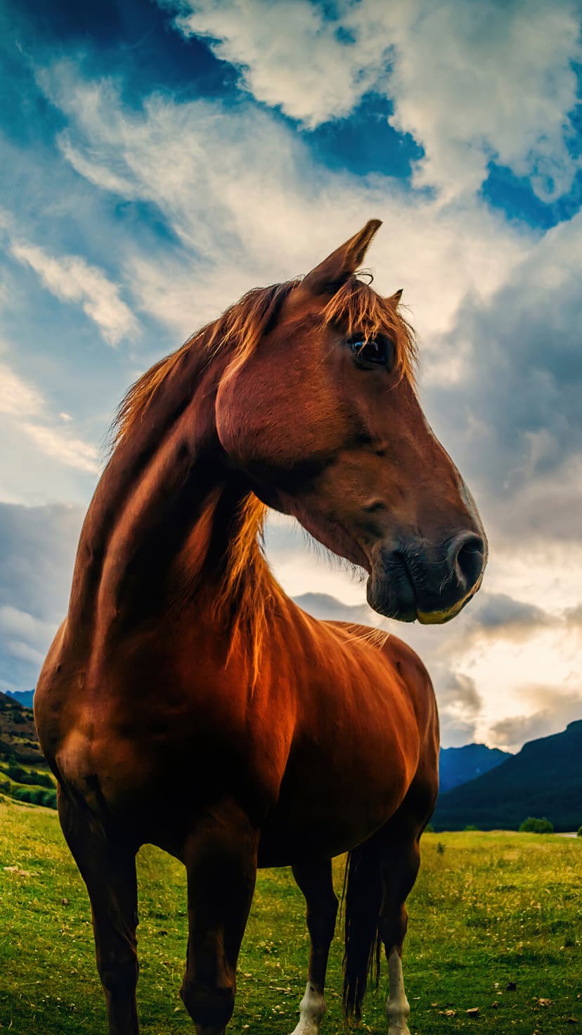 Brown stallion with defined muscles stands in a green pasture during sunset with mountains in the background.