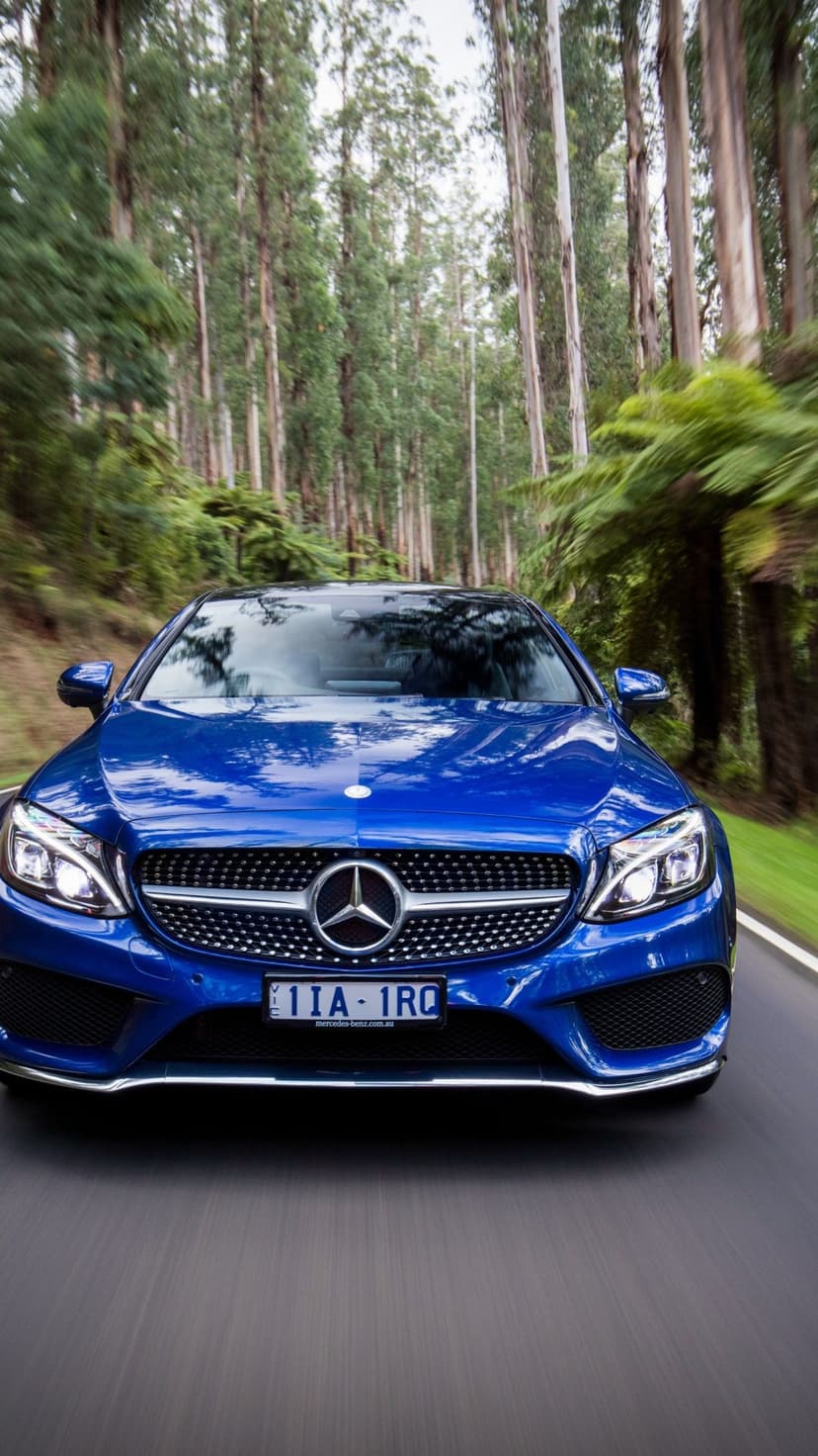 Blue Mercedes-Benz luxury car driving on a forest road surrounded by tall trees and green ferns.