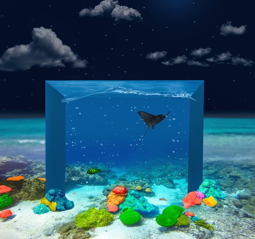 Spotted stingray glides over glowing coral inside a glass tank beneath a cloudy night sky and bright stars.