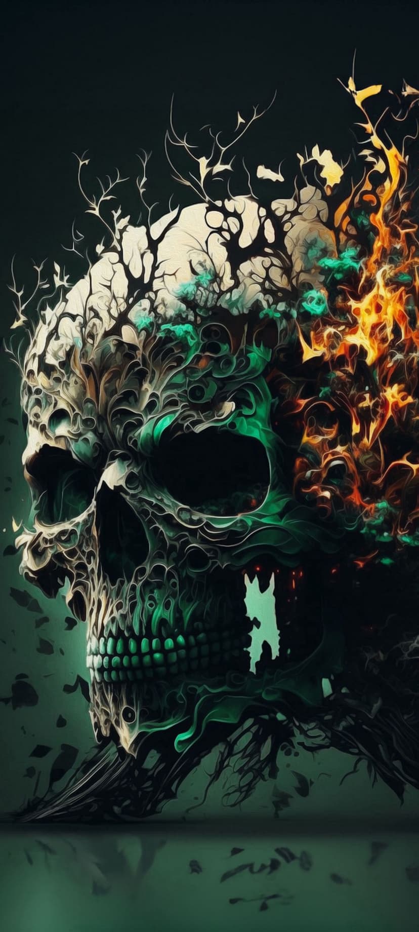 Human skull intertwined with glowing green forest roots and bright orange flames against a dark background.