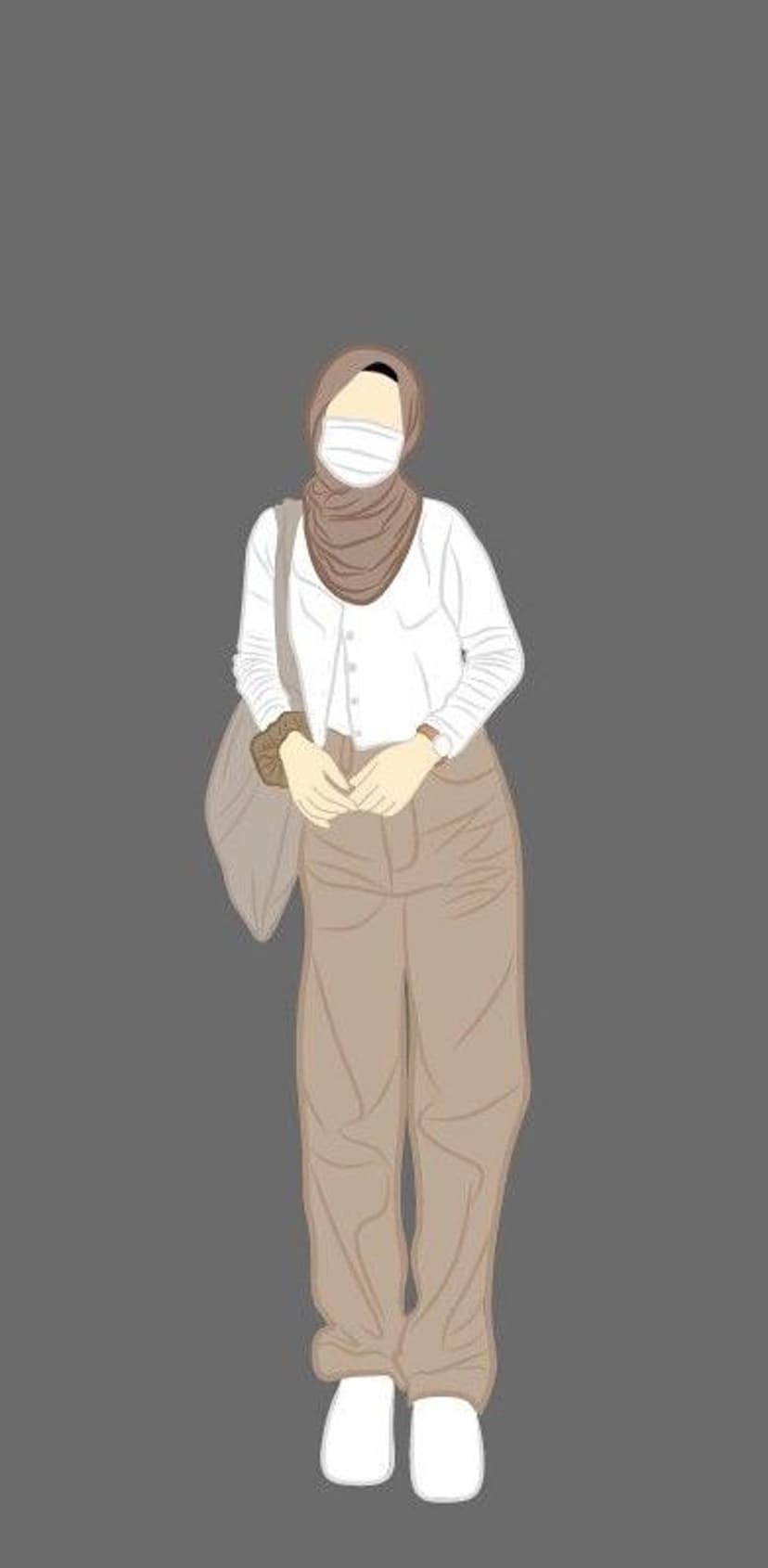 Woman wearing a brown hijab, white mask, and beige trousers stands with a tote bag against a neutral background.