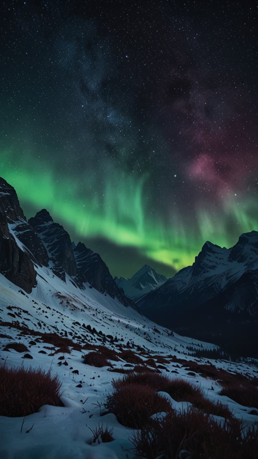 Vibrant green aurora borealis streaks across a starry sky above sharp snow-dusted mountain ridges at night.