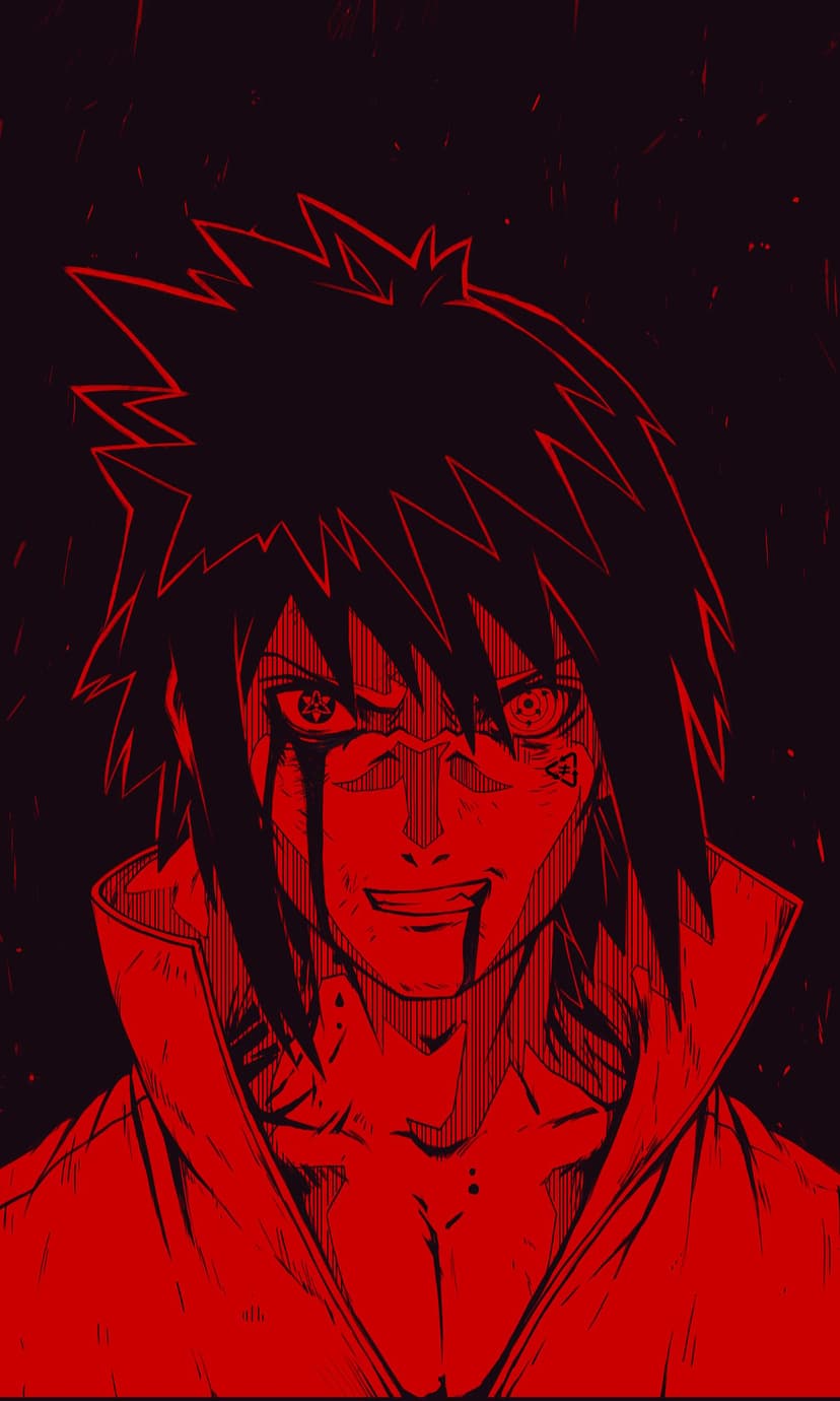 Sasuke Uchiha with red Sharingan eyes and blood-like streaks running down his face against a black background.
