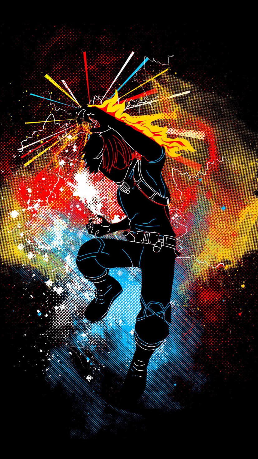 Izuku Midoriya in silhouette amidst red and yellow electric energy sparks and vibrant blue halftone patterns.
