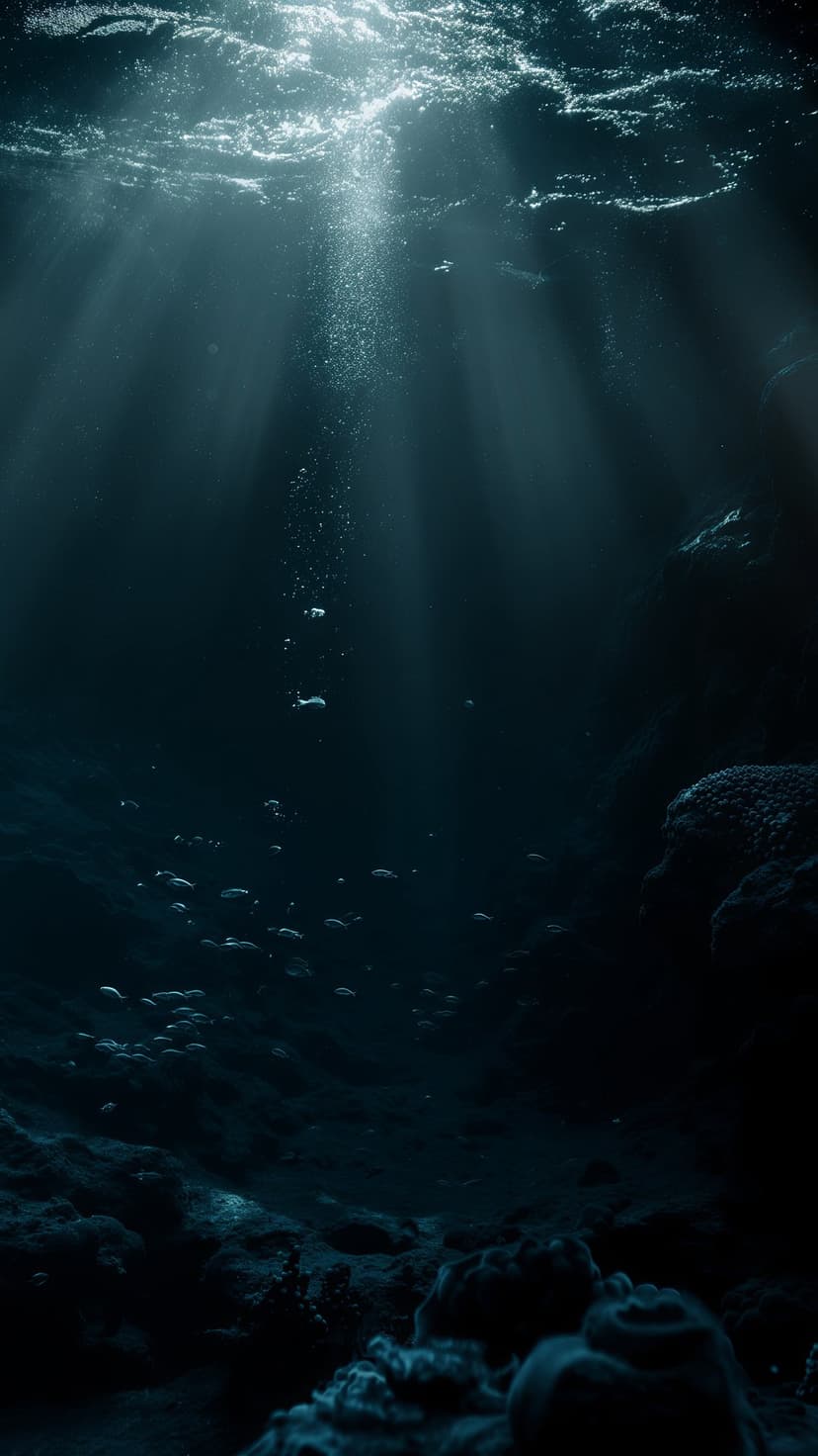 Golden sunbeams pierce dark blue ocean water to illuminate small fish and coral on the deep rocky seabed.