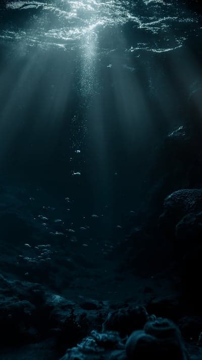 Sunbeams pierce dark ocean depths with fish