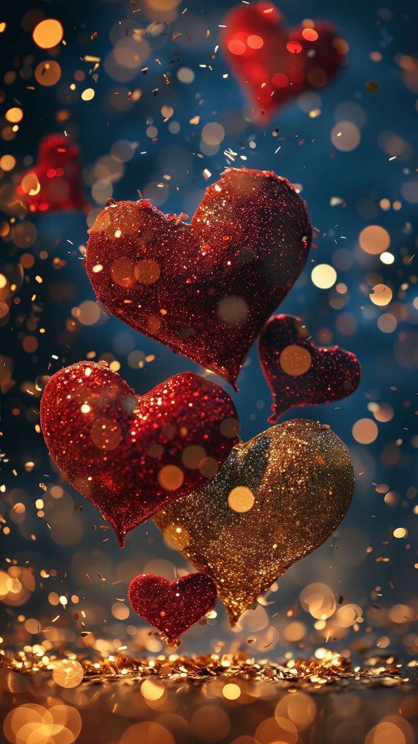 Red heart balloons and golden confetti float against a dark blue background with soft glowing bokeh light effects.