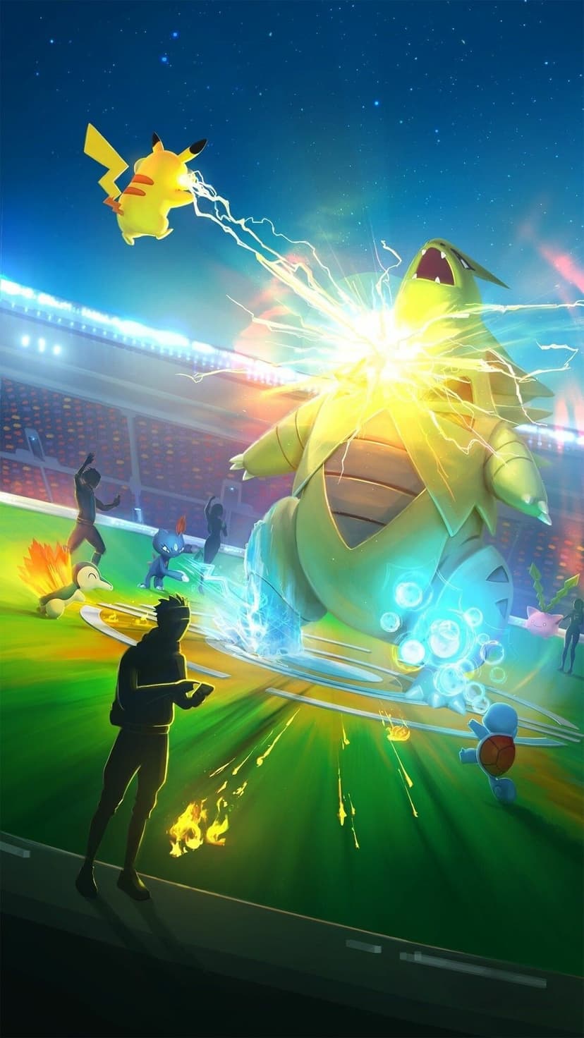 Pikachu strikes a giant Tyranitar with a lightning bolt in a starry night stadium raid battle.