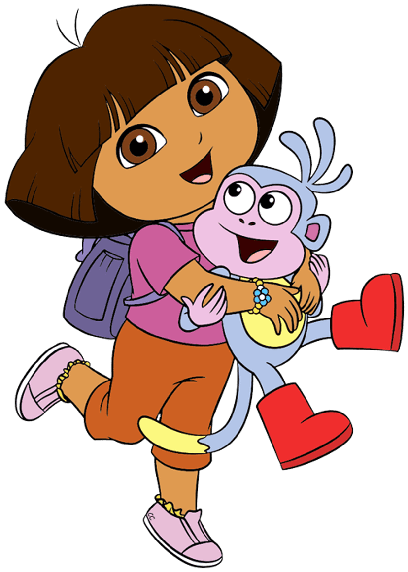 Dora the Explorer smiles while embracing Boots the monkey, who wears his signature red footwear in a bright scene.