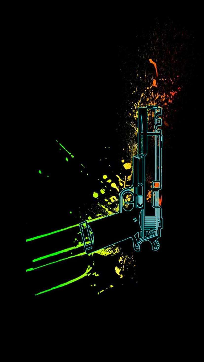Neon cyan and green handgun silhouette firing explosive orange and red paint splatters on a black background.