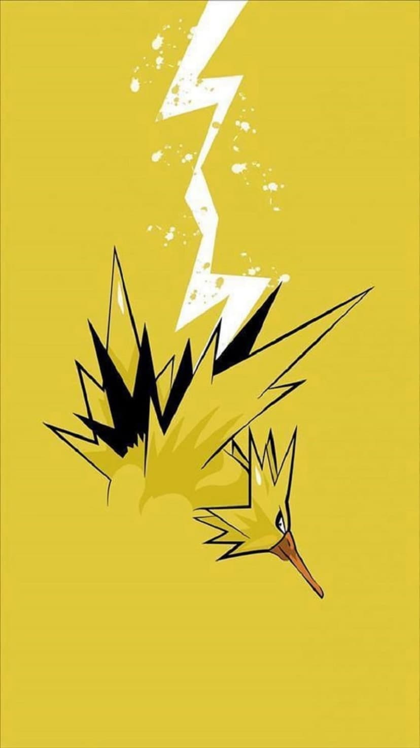 Zapdos stands below a white speckled lightning bolt against a solid yellow backdrop in a vertical layout.