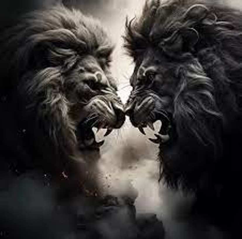 Two male lions face each other with open mouths and flowing manes in a dark, smoky vertical composition.