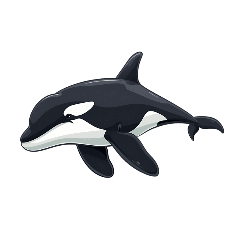 Orca killer whale cartoon illustration swimming in a dynamic profile pose showing black and white markings.