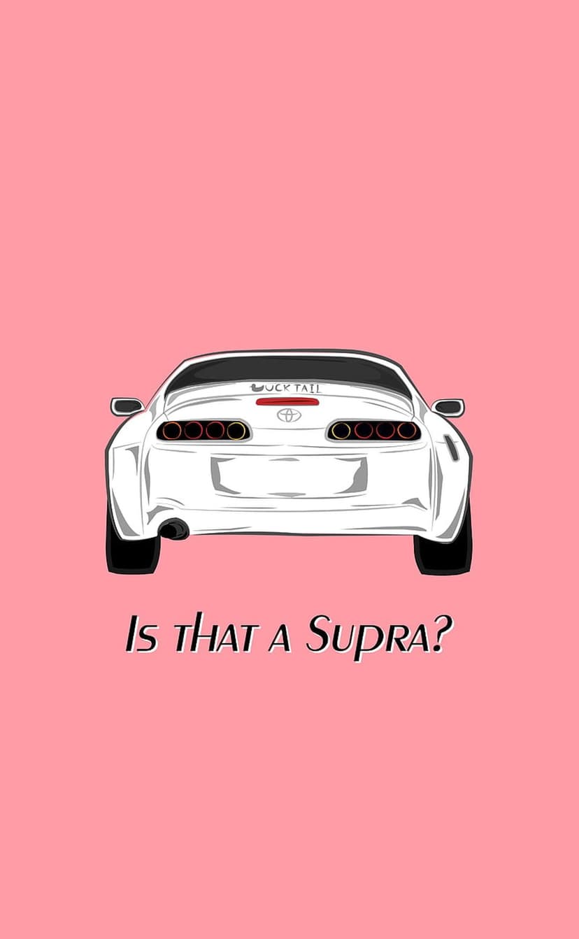 White Toyota Supra MK4 rear view with iconic round taillights centered on a solid pink background with black text