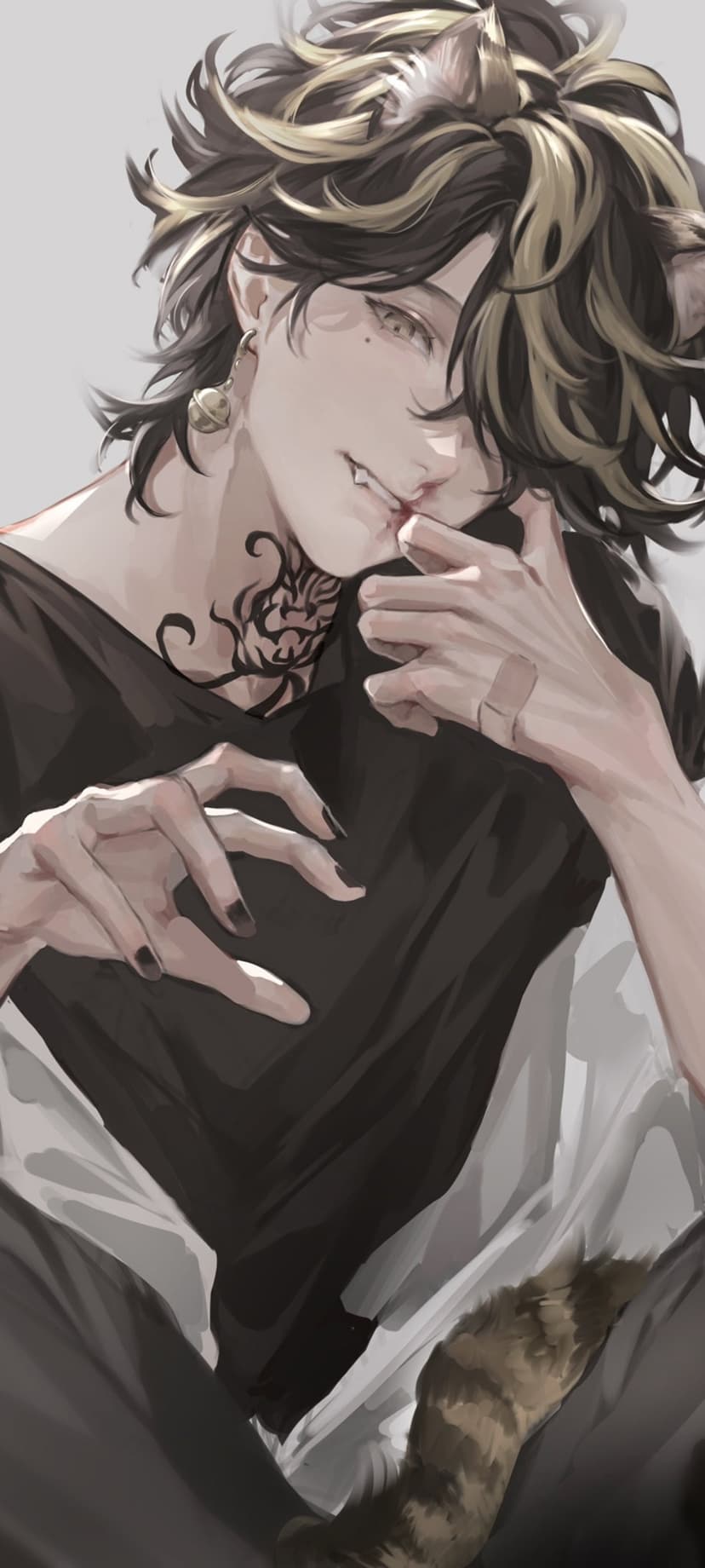 Cat-eared young man with dual-toned hair, a tribal neck tattoo, and blood on his lips in vertical view.
