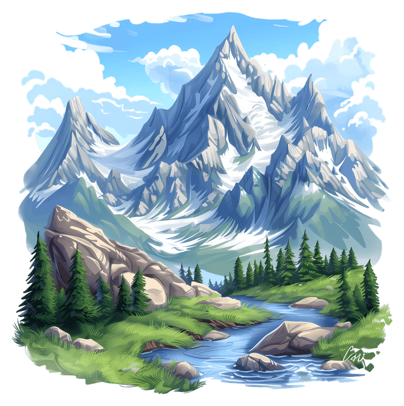 Mountain landscape illustration showing snowy peaks, a blue river, and green pine forest trees in winter.