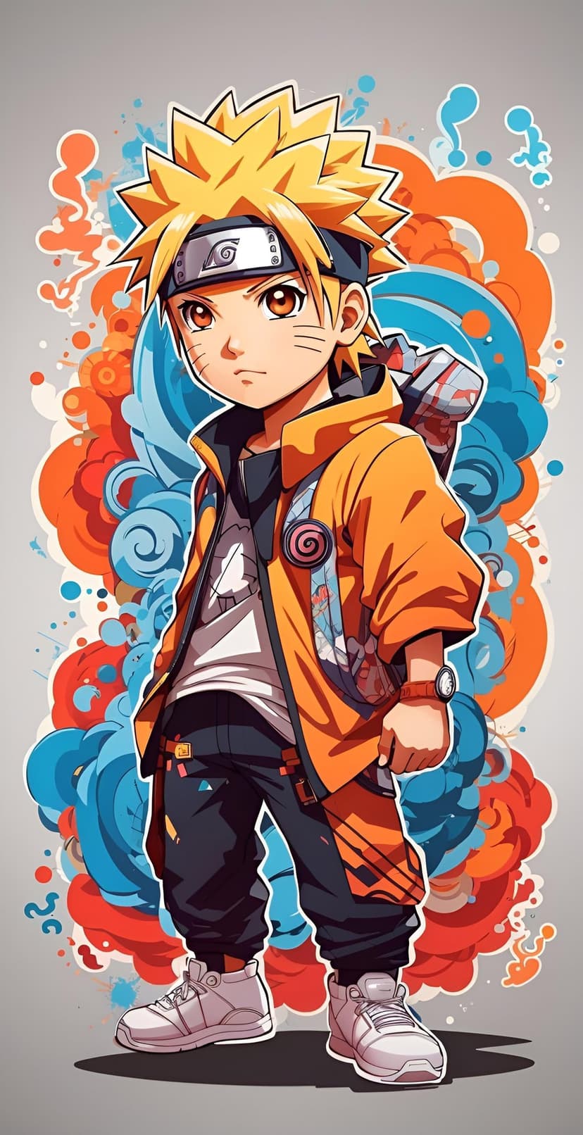 Naruto Uzumaki wears a bright orange hoodie and white sneakers amidst swirling blue and orange vapor clouds.