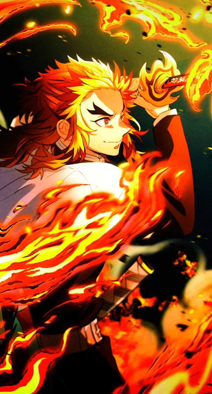 Kyojuro Rengoku swings a flaming katana amidst swirling orange sparks and intense fire breathing techniques.