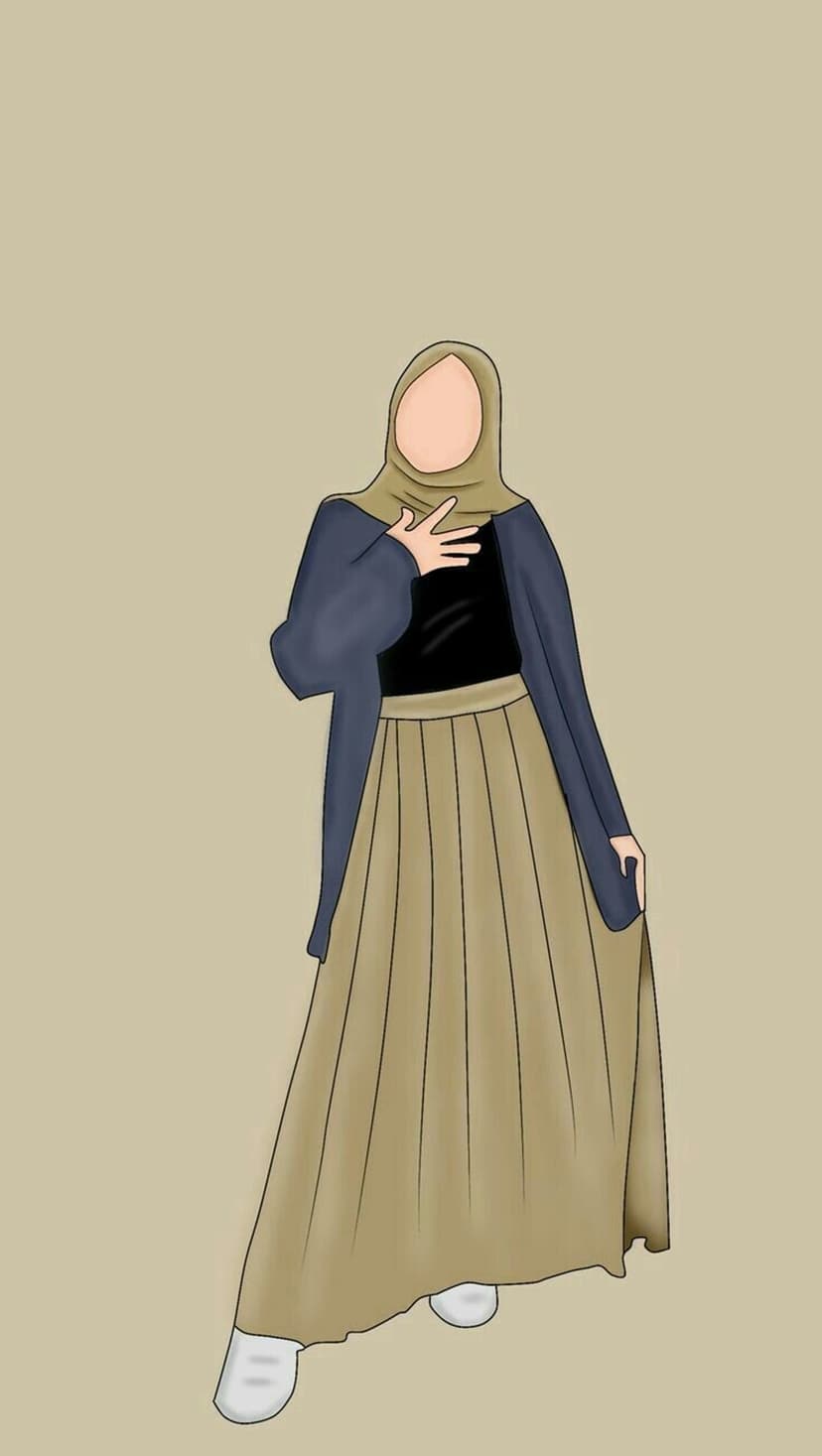 Woman in a beige hijab, navy cardigan, and long pleated skirt stands against a plain background in white shoes.