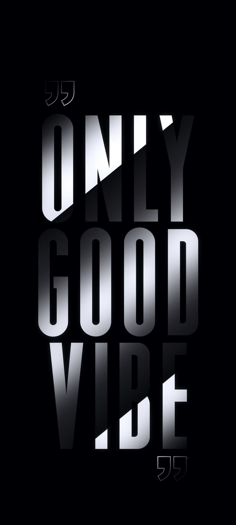 Metallic silver Only Good Vibe text in bold 3D font set against a stark black background with dramatic lighting.