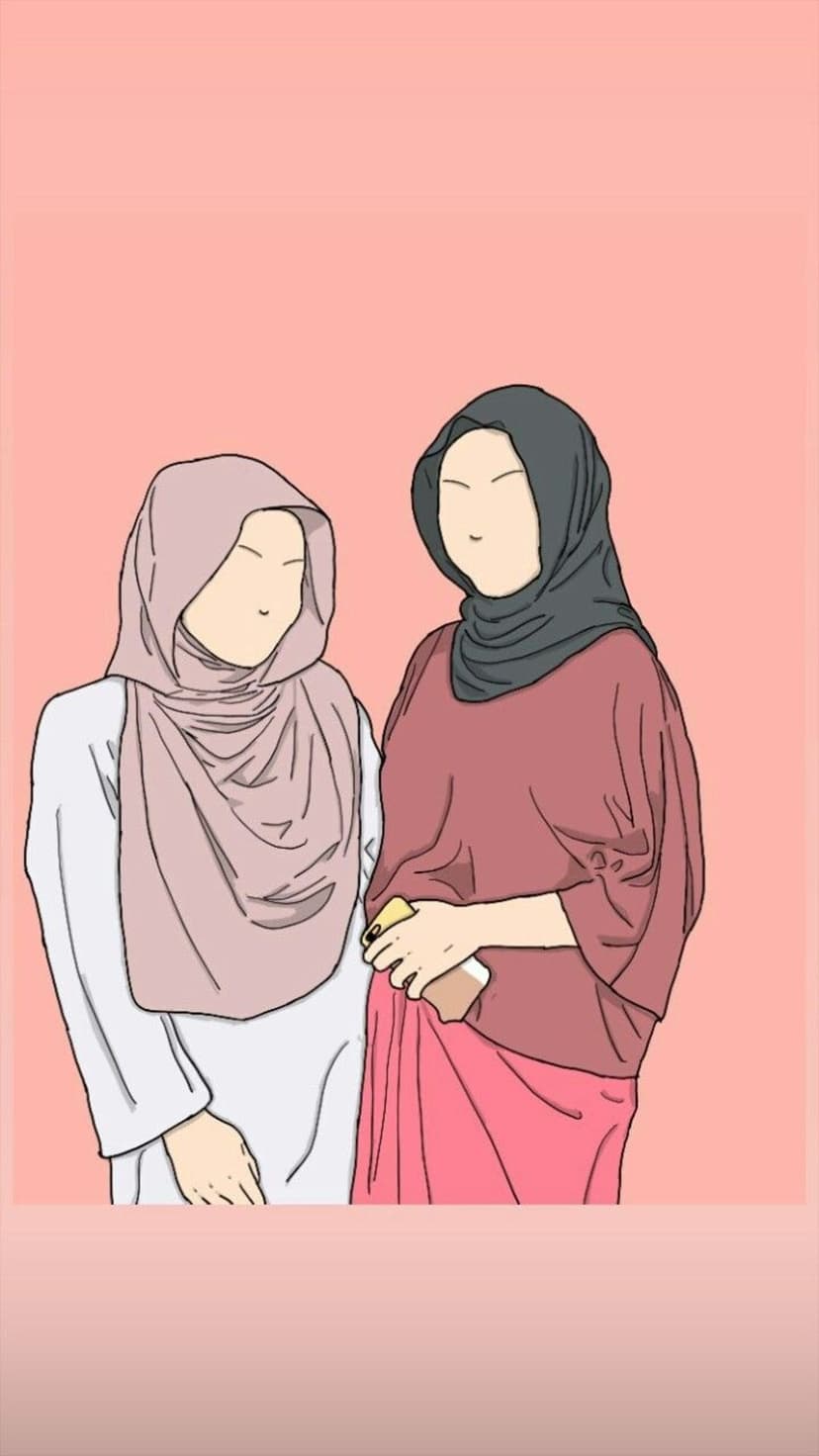 Two women in hijabs and modest clothing stand side-by-side against a solid pink background in a faceless style.