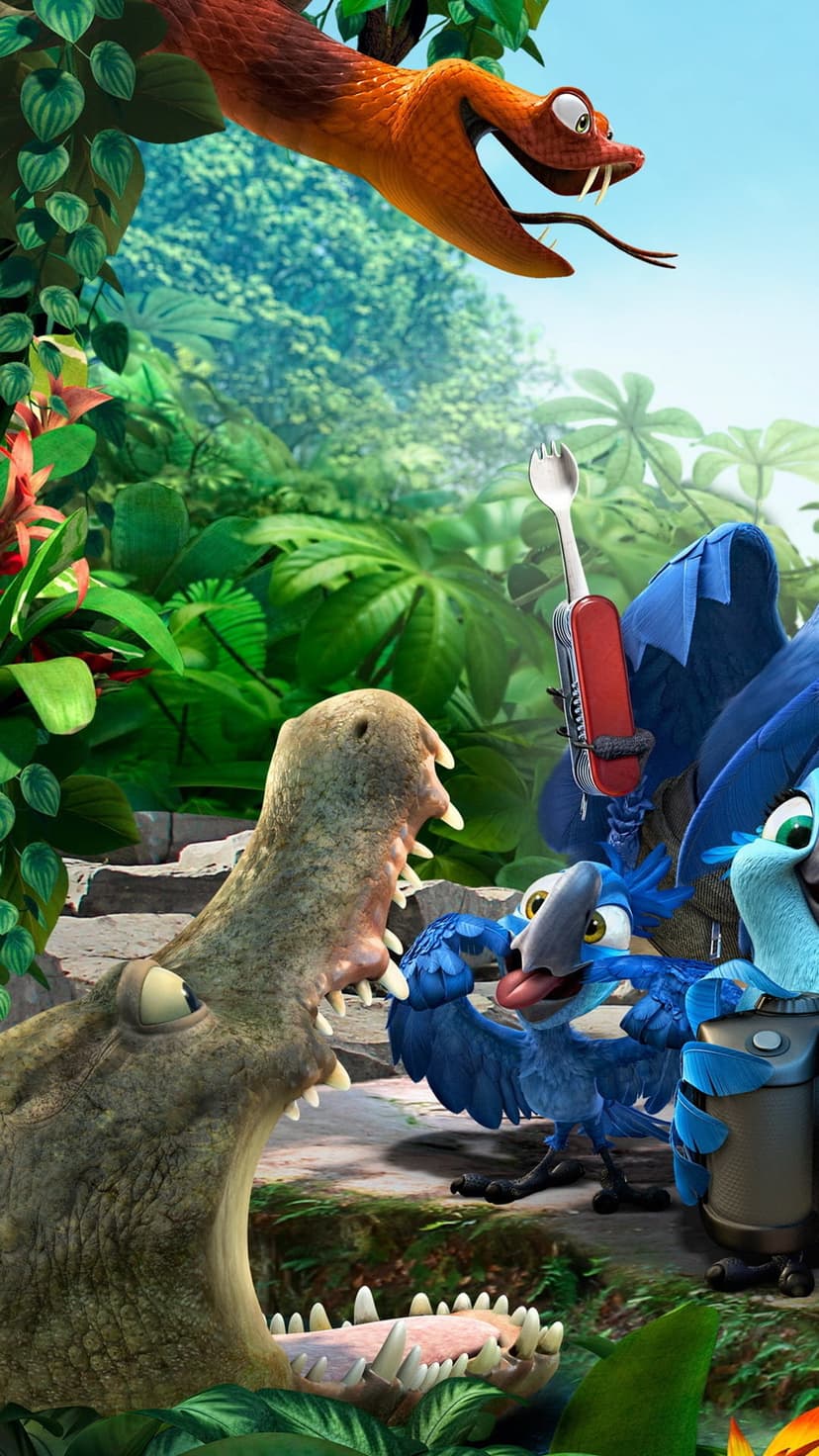 A green crocodile and blue birds watch a snake dangling from a tree branch in a dense tropical jungle setting.